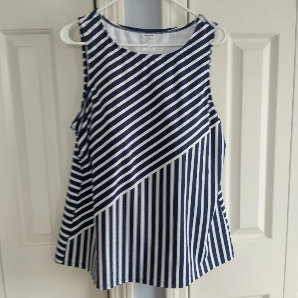 Land's End Deep Sea Mixed Diagonal Stripe High Neck Tankini Top 18W/L - Picture 2 of 7